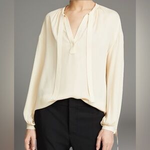 Vince Women’s 100% Silk Tie Front Poet Blouse In Butter Cream  Sz XS